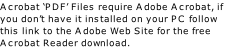 Acrobat ‘PDF’ Files require Adobe Acrobat, if you don’t have it installed on your PC follow this link to the Adobe Web Site for the free Acrobat Reader download.